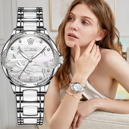 Vista 5 de OLEVS Relojes automáticos para mujer, mecánico, esfera de corazón, esfera de corazón, oro rosa, banda de cerámica, impermeable, luminoso, fecha