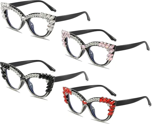 Vista 7 de LJCZKA Rhinestone Cat Eye Glasses Women Retro Diamond Bling Shiny Cateye Blue Light Blocking Glasses Computer Eyeglasses
