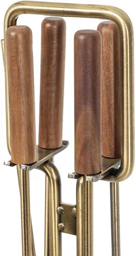 Vista 3 de Modern Ember Levi - Juego de herramientas para chimenea de 5 piezas en latón envejecido con asas de madera de nogal, incluye cepillo, pala, póquer