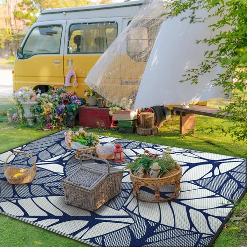 Vista 3 de GENIMO - Alfombra para exteriores de 6 x 9 pies, para patio, espacios amplios, reversible, de pajillas de plástico, alfombra impermeable para Azul