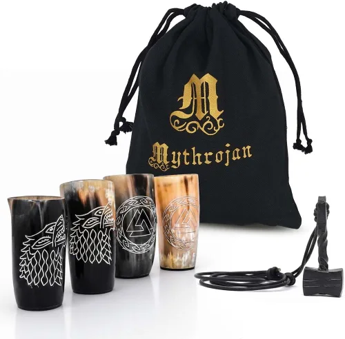 Vista 19 de Mythrojan Cuerno vikingo para beber 100% natural, auténtico, decoración de latón, cuerno nórdico con funda de cuero negro, bolsa de lona para vino
