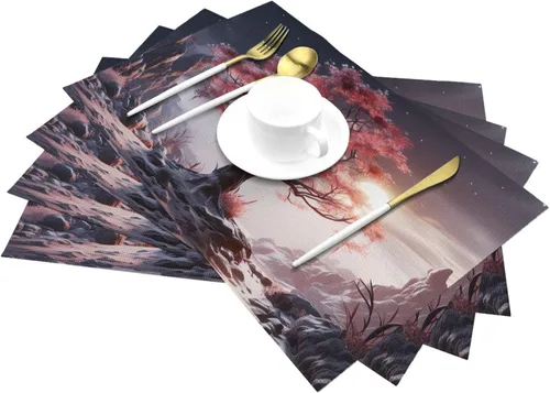 Vista 6 de 6 PCS PVC Placemats Set Place Mats Big Tree Growing on Pile of Stones Non-Slip Weave Place Mats 12" x 18" Farmhouse Table Mat Set for Family Dinners