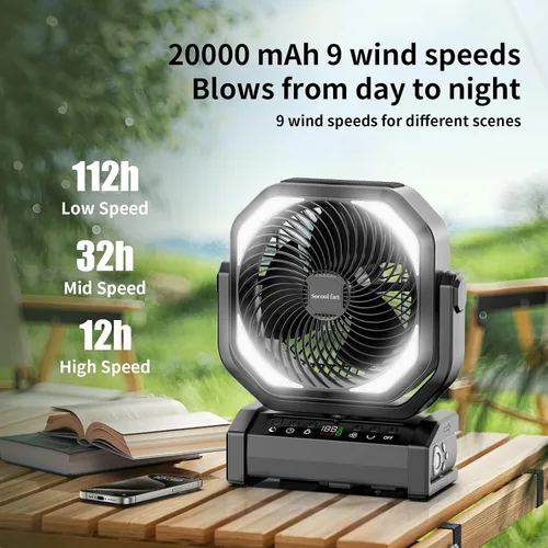 Vista 2 de Socool Ventilador de campamento con luz, ventilador de batería recargable de 20000 mAh, tiempo máximo de funcionamiento de 112 horas, 9 velocidades