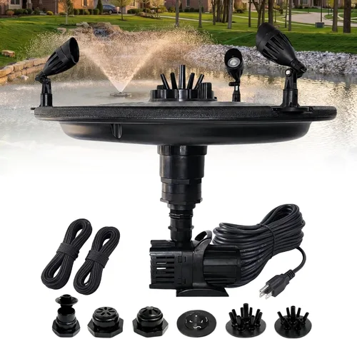 Vista 18 de Fuente flotante y aireador de 1/2 HP para estanques y lagos con cable de 100 pies 6,100 GPH, 9 spray patterns, Color-changing LED lights