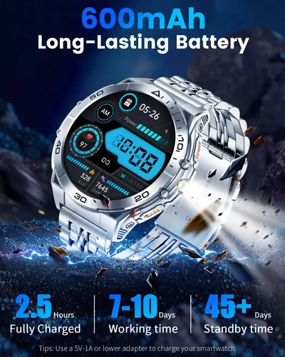Vista 2 de Relojes inteligentes militares para hombres con llamada Bluetooth, reloj inteligente AMOLED de 1.6 pulgadas impermeable con linterna, 116 modos