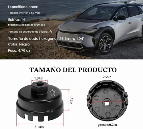 Vista 2 de 3mirrors herramienta de llave de tapa de filtro de aceite de aluminio de 64 mm compatible con Toyota Lexus Camry Corolla Highlander RAV4