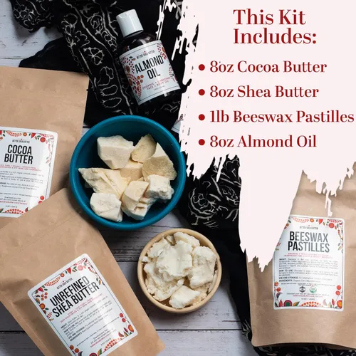 Vista 2 de Kit de fabricación de mantequilla corporal con manteca de karité sin refinar, manteca de cacao cruda, cera de abejas orgánica, aceite de almendra