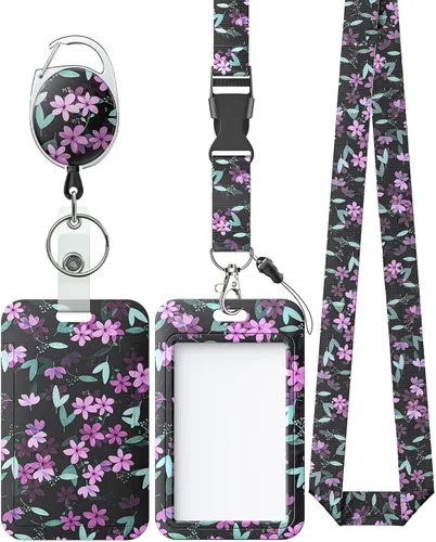 Vista 17 de Uniclife Porta credenciales deslizante floral con carrete retráctil y mosquetón con clip para cordón desmontable, protector de tarjeta vertical