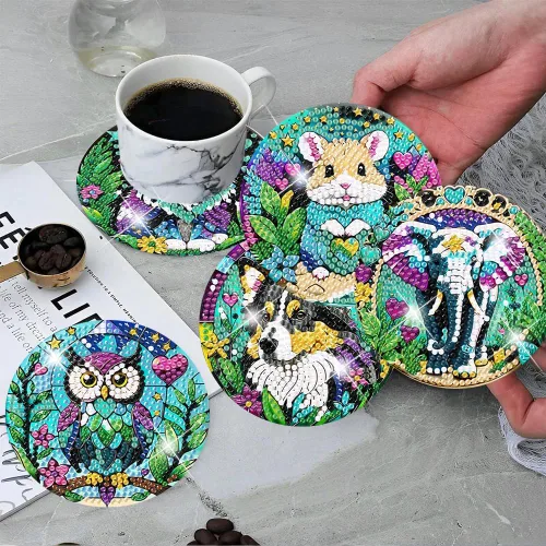 Vista 4 de ijbnhd 8 posavasos de pintura de diamantes de animales, posavasos de arte de diamantes con soporte para principiantes y adultos, suministros