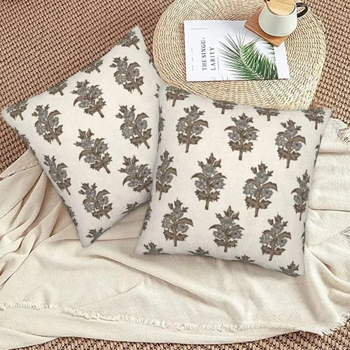Vista 3 de Juego de 2 fundas de almohada florales de color marrón y gris de 16 x 16 pulgadas, fundas de almohada con estampado de bloques de hojas de flores