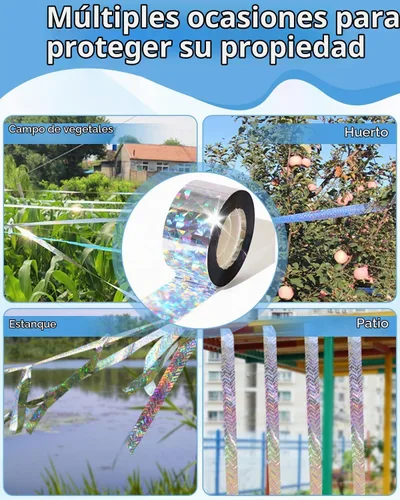 Vista 2 de 2 cintas de 502 pies para asustar pájaros, cinta holográfica reflectante de doble cara, dispositivos repelentes de pájaros audibles visuales