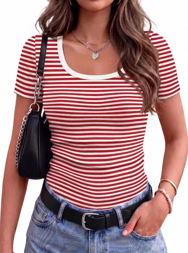 Vista 19 de Zeagoo Camiseta básica de manga corta para mujer, de punto acanalado Negro blanco (Black White Stripes)