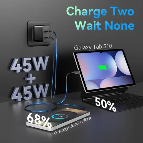 Vista 5 de Cargador súper rápido de 45 W, 2 puertos tipo C, carga rápida, cable USB C de 6.6 pies con bloque de cargador de teléfono Android para Samsung