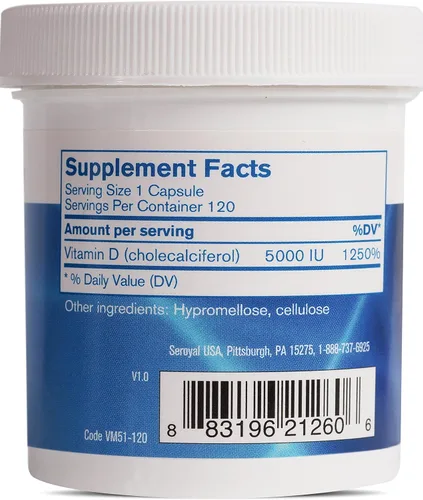 Vista 2 de Pharmax Vitamina D 5000 UI Apoya huesos y dientes saludables, y la absorción de minerales 120 cápsulas