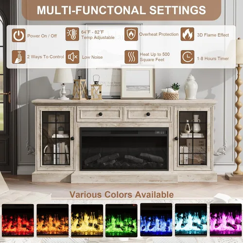Vista 6 de Soporte de TV con chimenea de hasta 80" TVs, centro de entretenimiento moderno de 70" con chimenea eléctrica de 36" y luces LED, consola multimedia