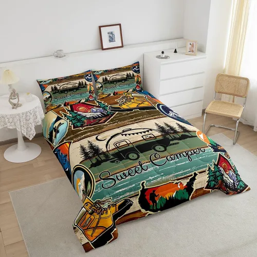 Vista 2 de Erosebridal Juego de edredón de cabaña de cabaña, juego de ropa de cama individual para niños, edredón de campamento con temática de campamento