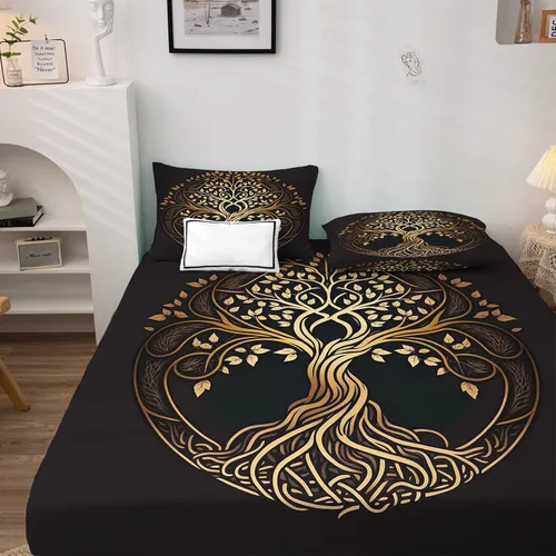 Vista 3 de Juego de sábanas de tamaño individual con diseño de árbol de la vida, sábanas de microfibra suave y bolsillo profundo, sábanas y fundas de almohada