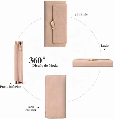 Vista 6 de Cartera de cuero para mujer, con bloqueo RFID, doble embrague, tarjetero de gran capacidad, con monedero con cremallera rosa ( A01 Pink )