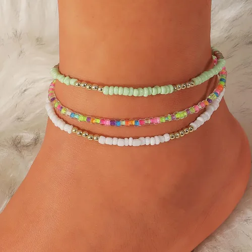 Vista 2 de Tobillera de concha para mujer, tobillera ajustable con cuentas trenzadas, joyería de pie, regalos para niñas