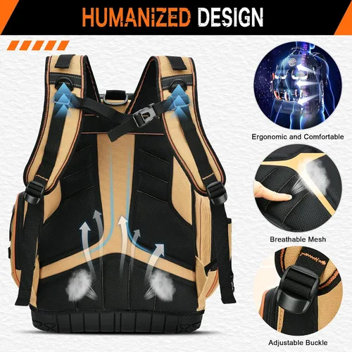 Vista 7 de Mochila para herramientas, mochila de herramientas resistente, bolsa de herramientas HVAC para electricista/trabajos de construcción con base Marrón