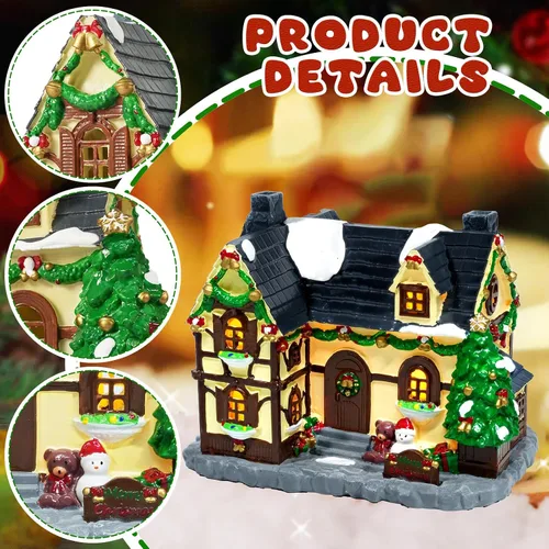 Vista 3 de Construcción de Casa Navideña, Edificios Coleccionables de Navidad Pintados a Mano, Decoración de Pueblo de Casas con Muñeco de Nieve, Edificios