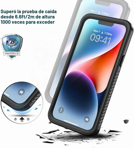 Vista 5 de Lanhiem Funda para iPhone 14, impermeable IP68 a prueba de polvo con protector de pantalla integrado, resistente a prueba de golpes de cuerpo Negro