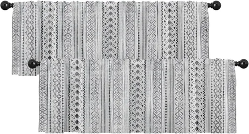 Vista 19 de Emvency Paquete de 2 cenefas para ventana, diseño geométrico gris y negro, cortinas de arte moderno abstracto, cortinas ajustables para ventanas