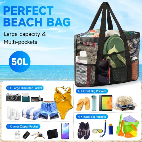Vista 2 de Bolsa de playa de malla, bolsa de playa para mujer, impermeable, a prueba de arena, con bolsa de maquillaje de malla, artículos esenciales