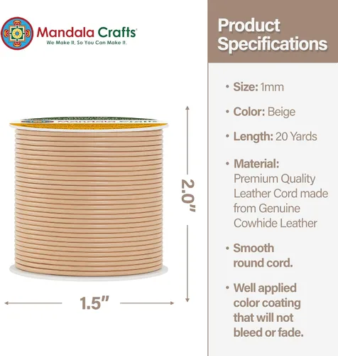Vista 4 de Mandala Crafts Cordón Redondo de Cuero de Piel de Vaca Genuino Beige para Fabricación de Joyas Kumihimo Carrete de Cuerda de Cuero - Cordón