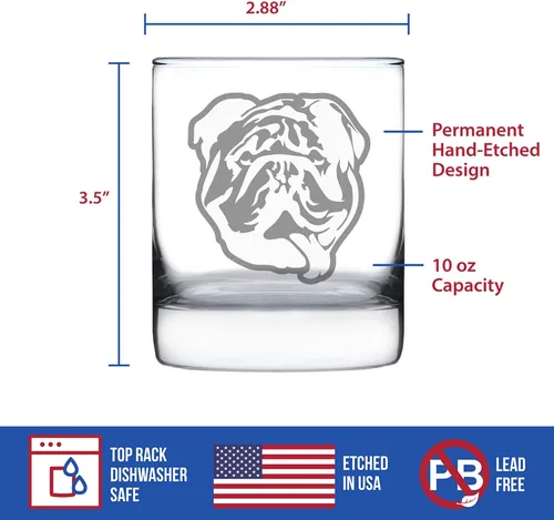 Vista 5 de Bulldog inglés personalizado, regalos divertidos de cristal de rocas de whisky para hombres y mujeres con bulldogs – Divertida decoración de vaso
