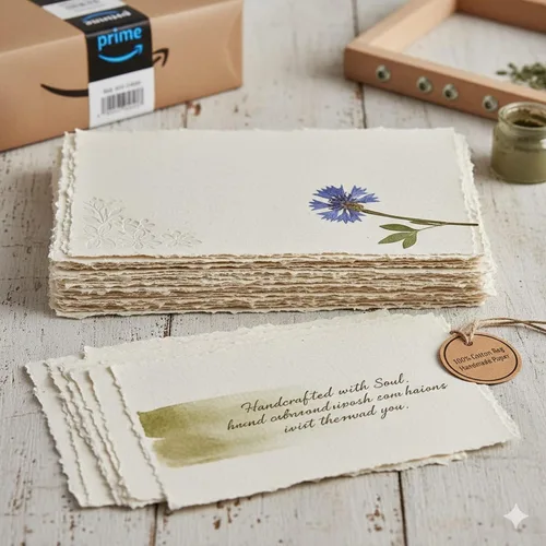 Vista 8 de E-Tailor Hojas sueltas de papel de algodón hechas a mano con borde de cubierta de 130 GSM, blanco marfil (4 x 6) marfil (paquete de 100 hojas)