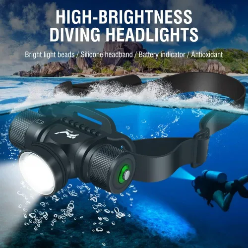 Vista 2 de LUXNOVAQ Linterna de buceo súper brillante recargable linterna IPX8 impermeable luz de buceo 5 modos submarina de seguridad lámpara de cabeza