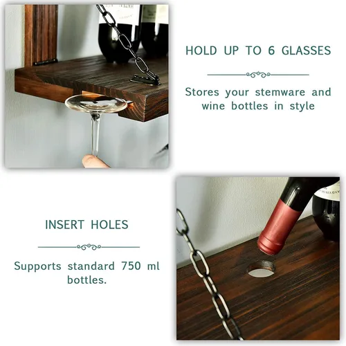 Vista 3 de WELLAND Estante de vino montado en la pared con soporte para vidrio, estante flotante para vino y estante de vidrio para decoración del hogar