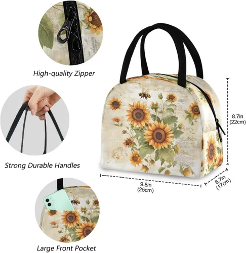 Vista 4 de Bolsa de almuerzo reutilizable con diseño de abejas y flores silvestres rurales, bolsa térmica resistente al agua para hombre y mujer, picnic
