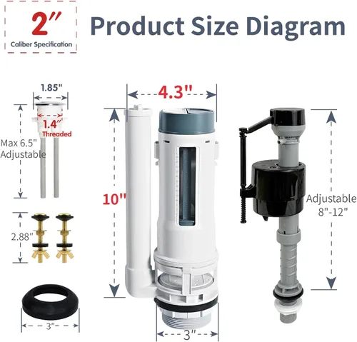 Vista 3 de Kit de reparación de inodoro de 2 pulgadas dentro del tanque con doble válvula de descarga, incluye válvula de llenado ajustable y botón cromado