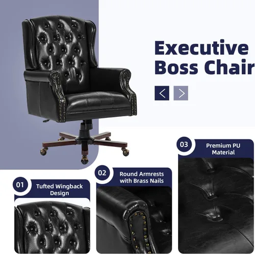 Vista 4 de ECOTOUGE Silla de escritorio ejecutiva mejorada 2026, silla de oficina en casa con respaldo de alas de cuero con ribete de cabeza de clavos y Azul