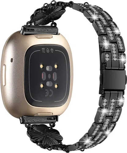 Vista 2 de Correa de muñeca diseñada para Fitbit Versa 4/Versa 3 Smartwatch Bling Bands para mujer, elegante pulsera de acero inoxidable de metal con diamantes