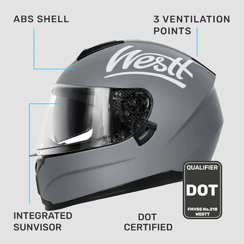 Vista 2 de Westt Cascos de Motocicleta Compactos – con Doble Visera, Aprobado por DOT, Casco Integral para Hombres, Mujeres y Adultos, Ligero Storm X Gris