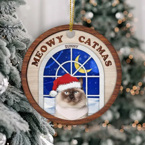 Vista 3 de Meowy Catmas - Divertido sombrero de Papá Noel con foto de gato, adorno de Navidad personalizado, regalos para gato, mamá, papá, lindo árbol