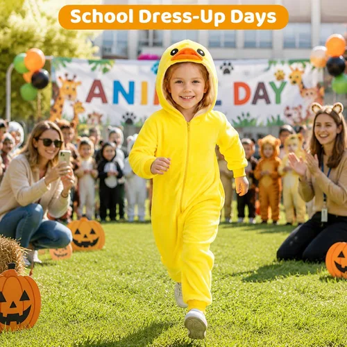 Vista 6 de Disfraz de pato amarillo para niñas y niños, overol de animal con capucha 3D para fiesta de Halloween