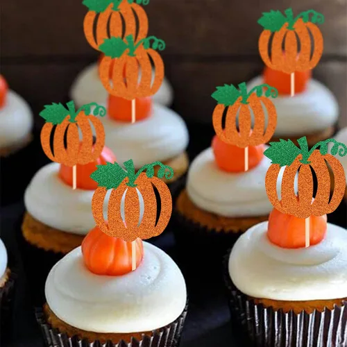 Vista 3 de 24 piezas de decoración de calabaza para cupcakes con purpurina temática de otoño, decoración de pasteles con temática de calabaza, cumpleaños