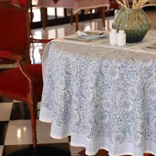 Vista 2 de Labhanshi Mantel redondo de algodón con estampado de bloques de mano indio, 72 pulgadas, 6 plazas y rectangular, 72 x 108 pulgadas, 8 plazas