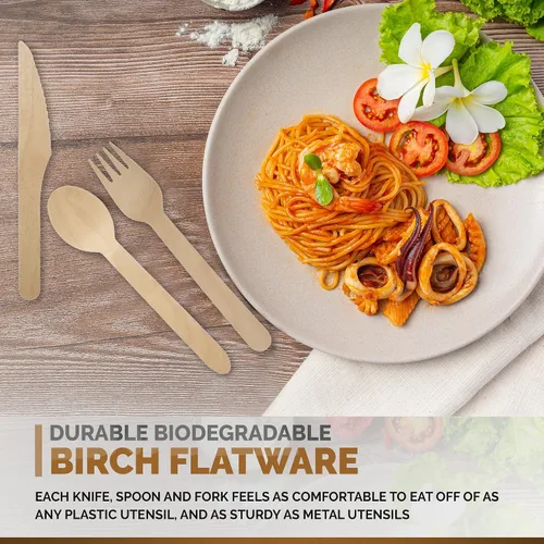Vista 3 de Cubiertos de madera de abedul compostable – Paquete de 500 tenedores de madera biodegradables desechables – Tenedores, cucharas y cuchillos 100%