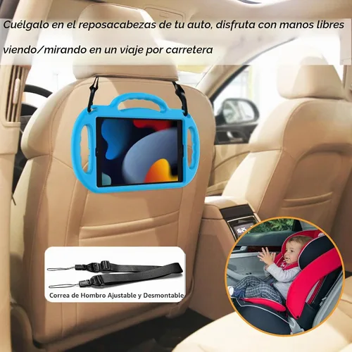 Vista 5 de LTROP Funda para niños para iPad de 9ª/8ª/7ª generación de 10.2 pulgadas con correa de hombro, funda a prueba de golpes ligera con asa y soporte Azul