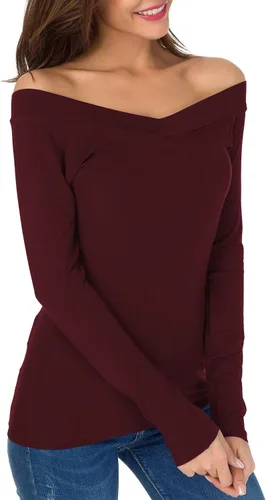 Vista 3 de Sarin Mathews - Camisetas para mujer con hombros desnudos, cuello en V sexy, corte ajustado, blusas sexys, tops ajustados.