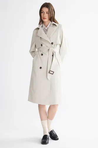 Vista 5 de Orolay Chaqueta de gabardina de 3/4 de longitud para mujer, chaqueta con solapa de doble botonadura con cinturón Beige
