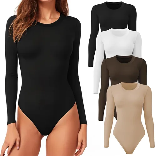 Vista 10 de CE' CERDR Paquete de 4/5 Bodies de Manga Larga para Mujer Cuello Redondo Casual Elástico Camisetas Básicas Cuello Redondo Body Suits Tops