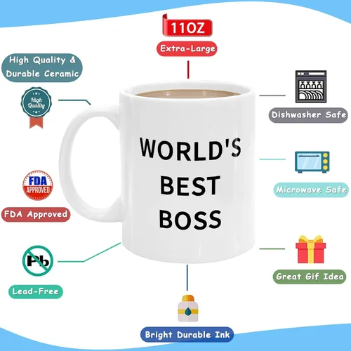 Vista 4 de Taza "World's Best Boss", Taza de Café The Office de 11 oz, Taza de Cerámica de 11 oz, Idea Divertida y Única, Regalos para Oficina, Jefes y Jefas
