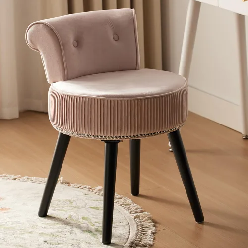 Vista 15 de Silla de tocador de terciopelo negro con respaldo pequeño, taburete de maquillaje, sillas acentuadas con botones sin ruedas, taburete de tocador