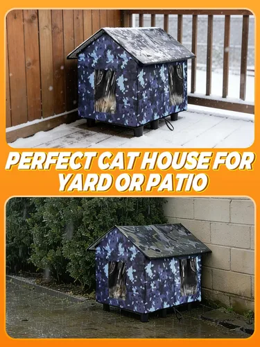 Vista 6 de Casa elevada aislada para gatos al aire libre resistente a la intemperie, 20 x 19 x 17 pulgadas, parte superior de PVC impermeable y forro